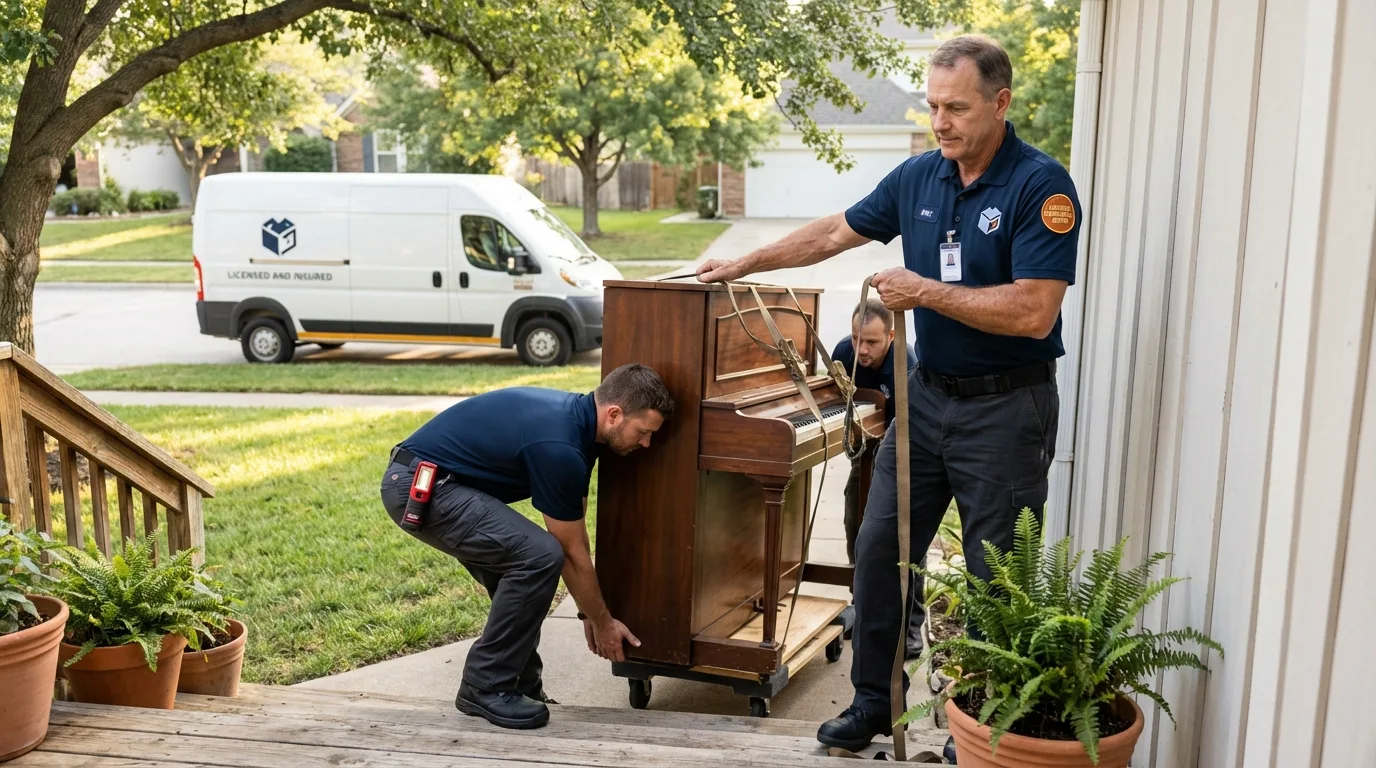 Licensed piano movers securing grand piano in Cleveland, MS