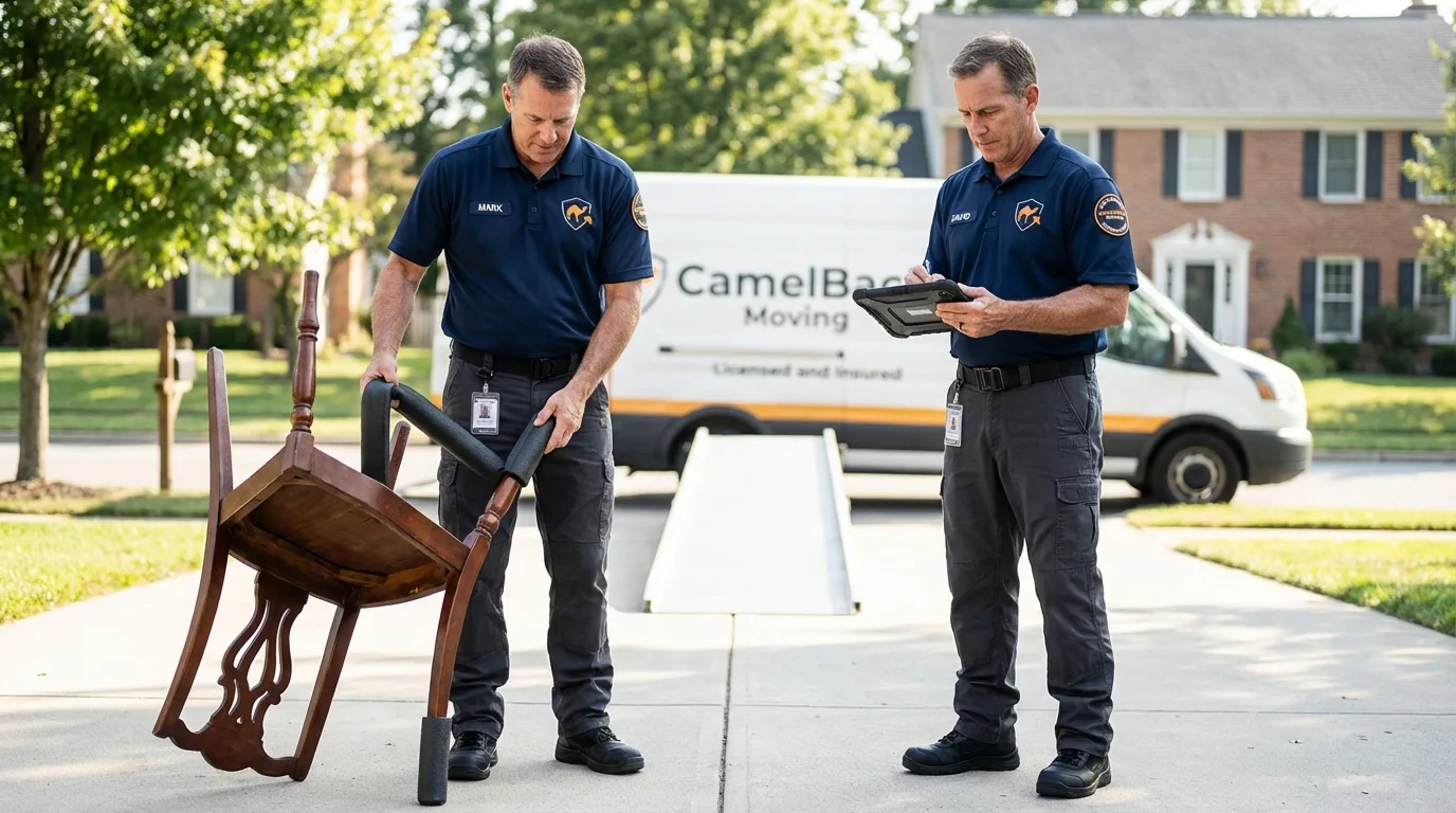 Movers inspecting furniture for damage prevention before loading in Cleveland, MS